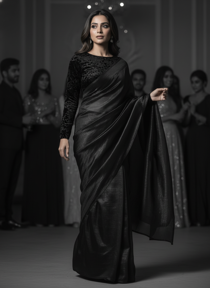 Jet black fandy saree styled with velvet blouse for bold ethnic look