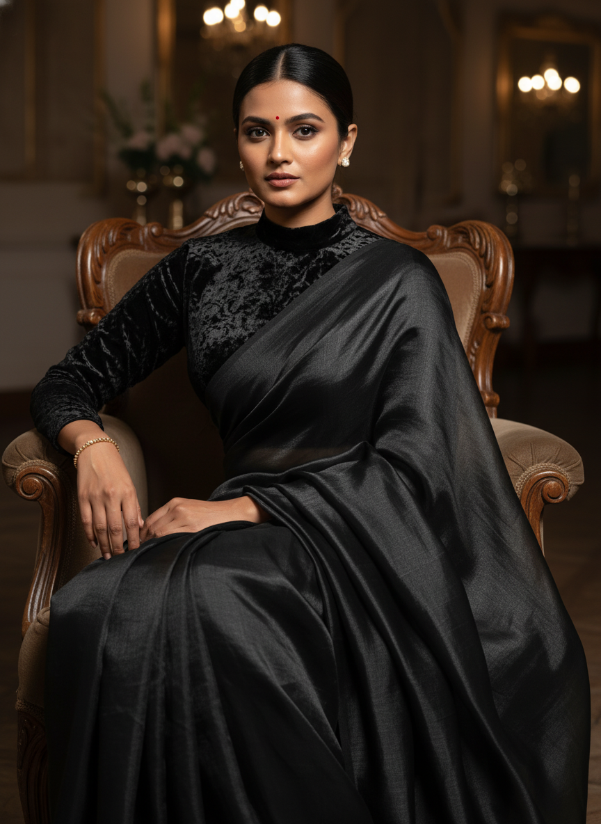 Jet black fandy saree styled with velvet blouse for bold ethnic look