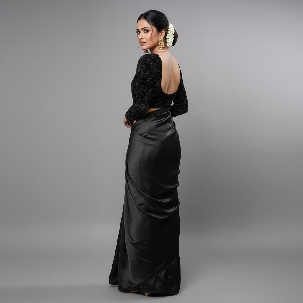 Jet black fandy saree styled with velvet blouse for bold ethnic look