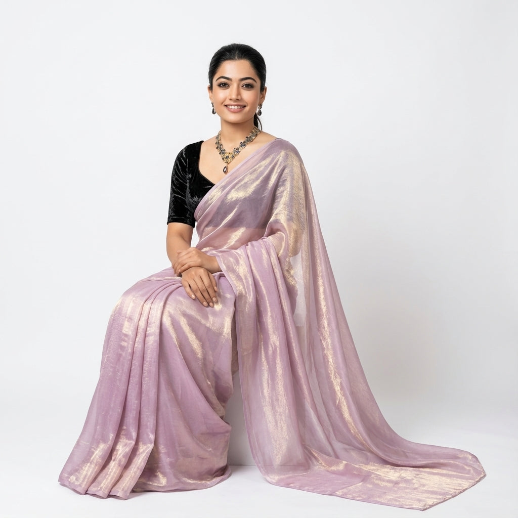 Lavender purple fandy saree with velvet blouse