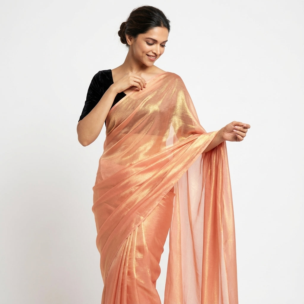 Rosy peach fandy saree with velvet blouse