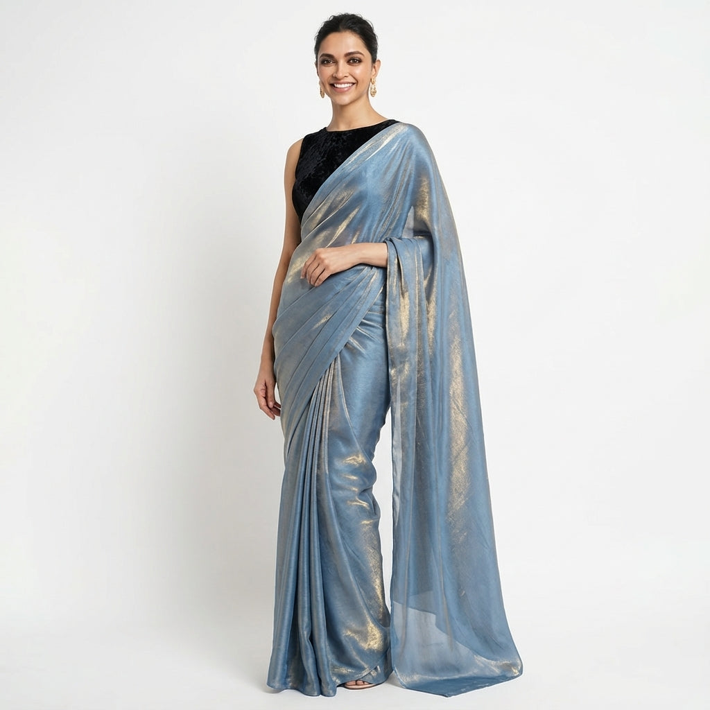 Deep navy blue fandy saree paired with velvet blouse for elegant ethnic styling