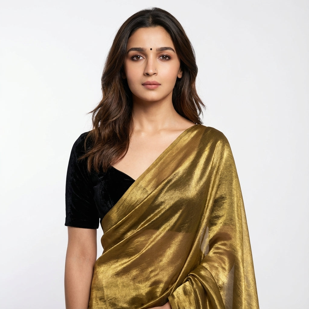 Antique wine fandy saree styled with velvet blouse for vintage ethnic look