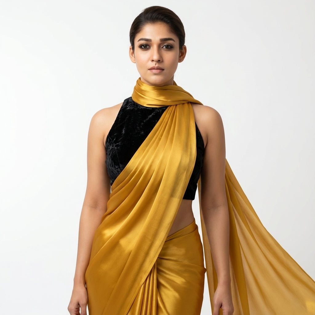 Bright yellow fandy saree styled with velvet blouse for festive look