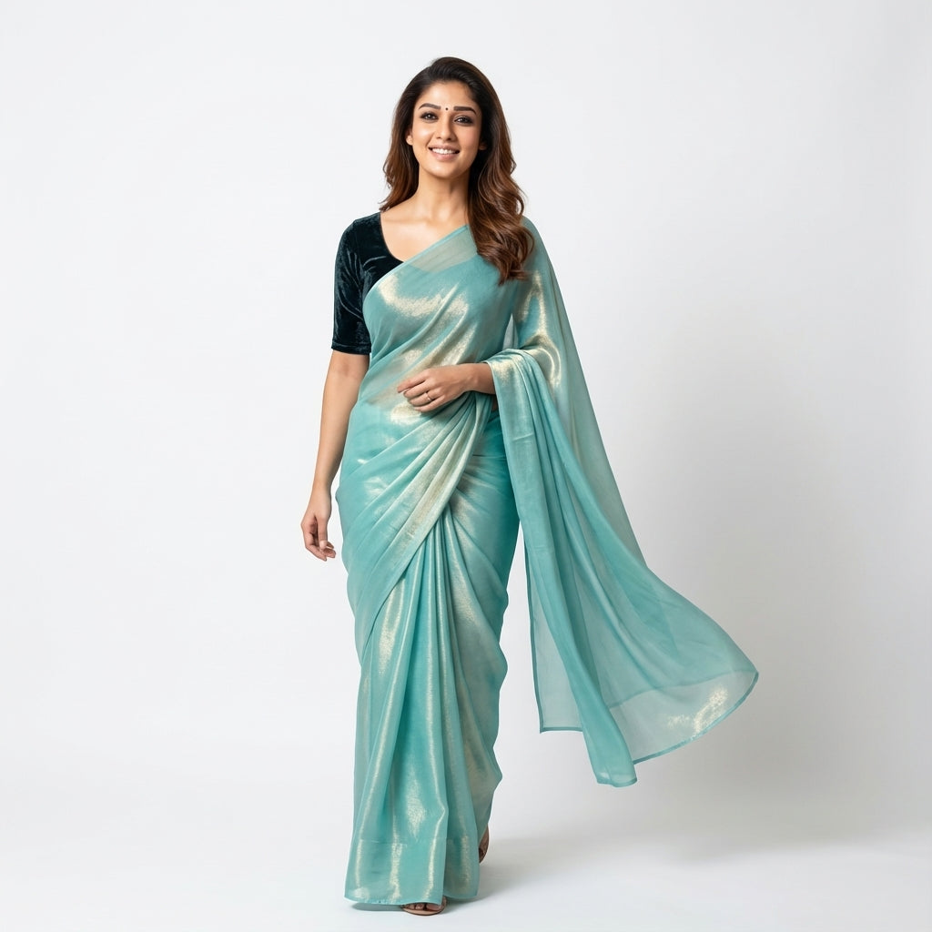 Elegant teal blue fandy saree paired with velvet blouse fabric