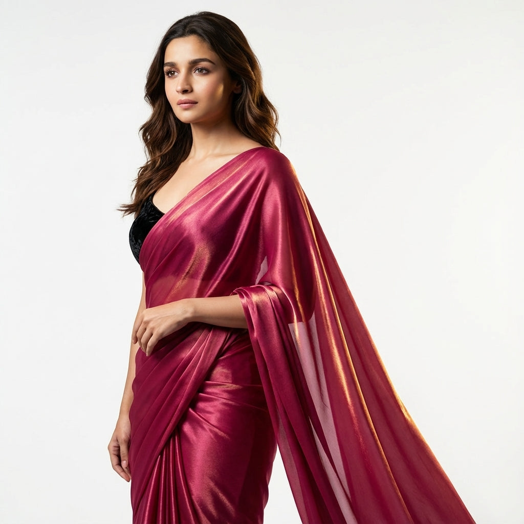 Dark magenta pink fandy saree paired with velvet blouse for festive styling