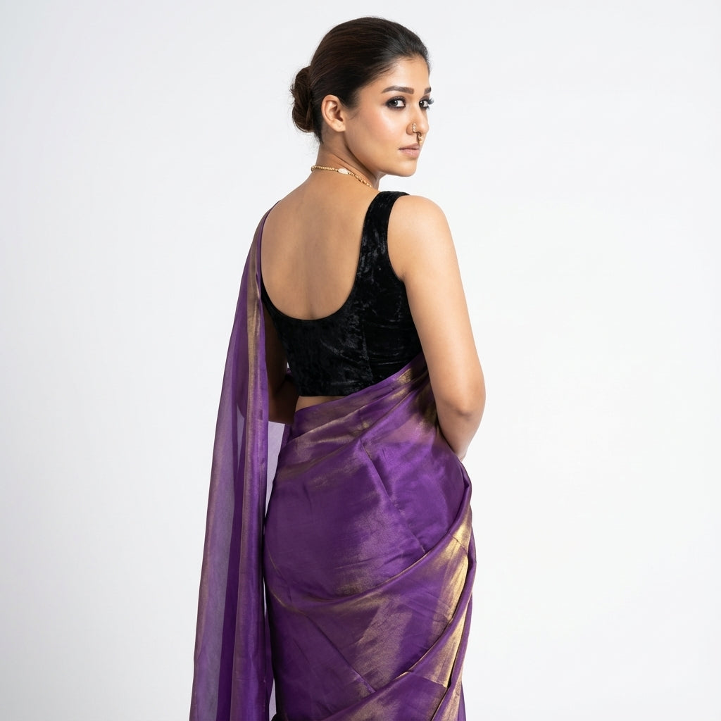 Royal purple fandy saree styled with velvet blouse for elegant ethnic look