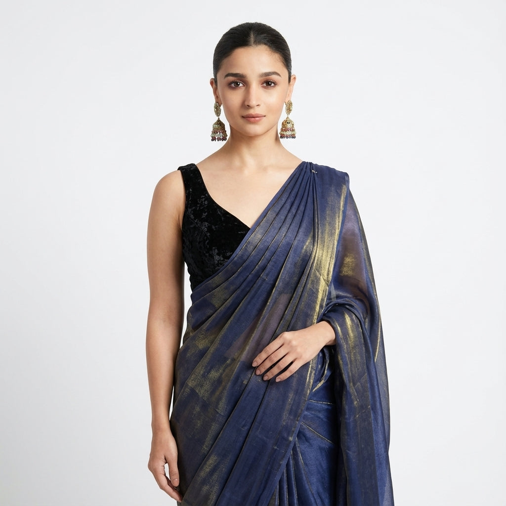Dusty purple fandy saree styled with velvet blouse for elegant ethnic look