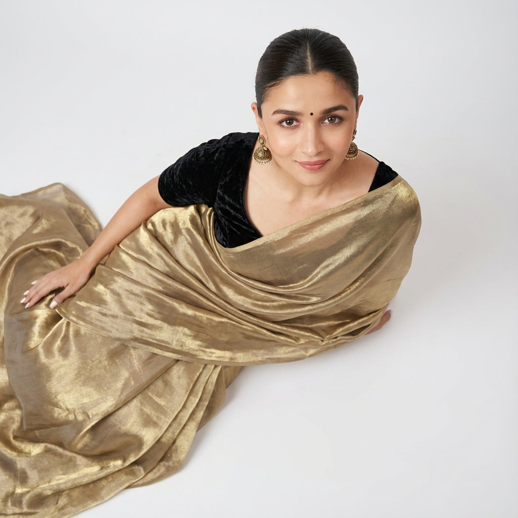 Golden fandy saree paired with velvet blouse for festive ethnic styling