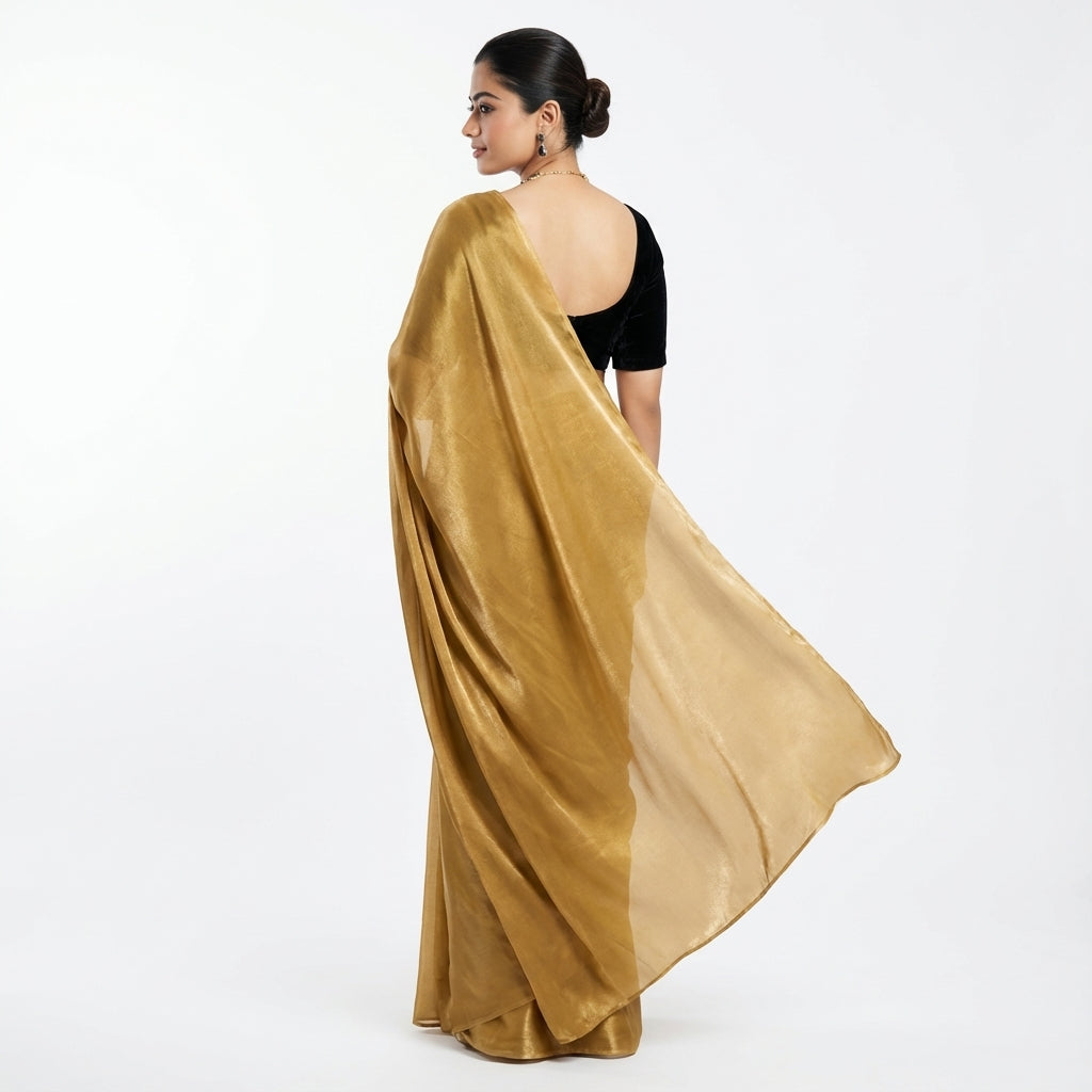 Rich mustard yellow fandy saree styled with velvet contrast blouse