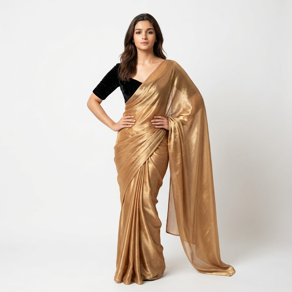 Rust brown fandy saree styled with velvet blouse for earthy ethnic look
