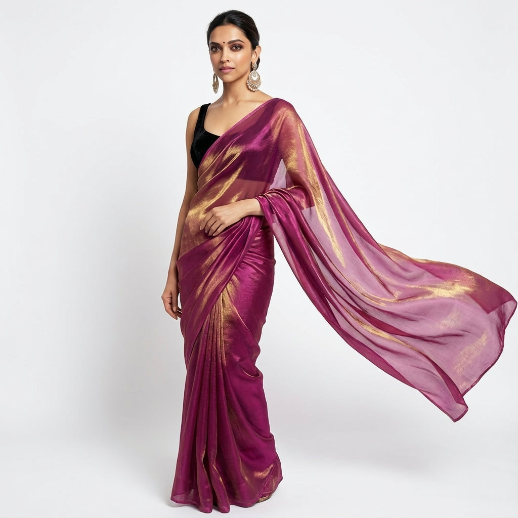 Deep wine fandy saree styled with velvet blouse for rich ethnic look
