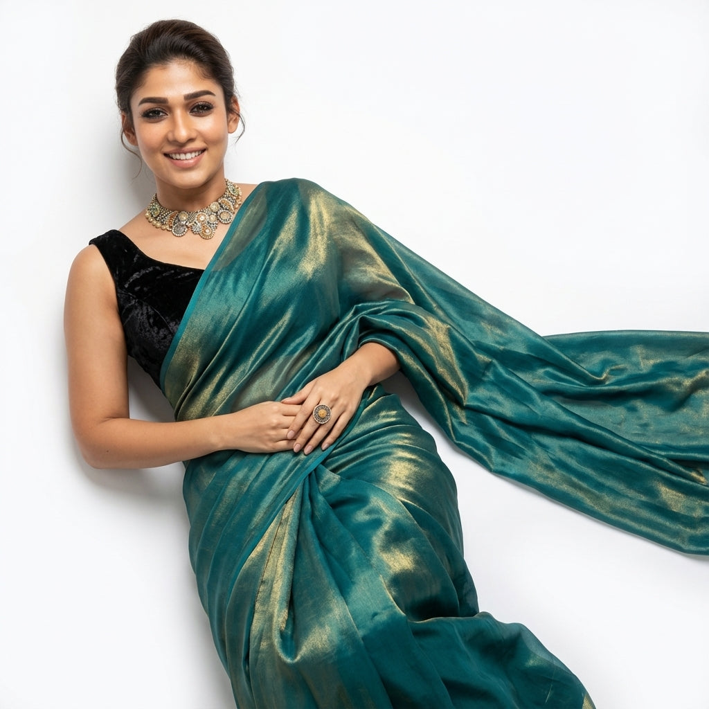 Deep teal fandy saree styled with velvet blouse for elegant ethnic look