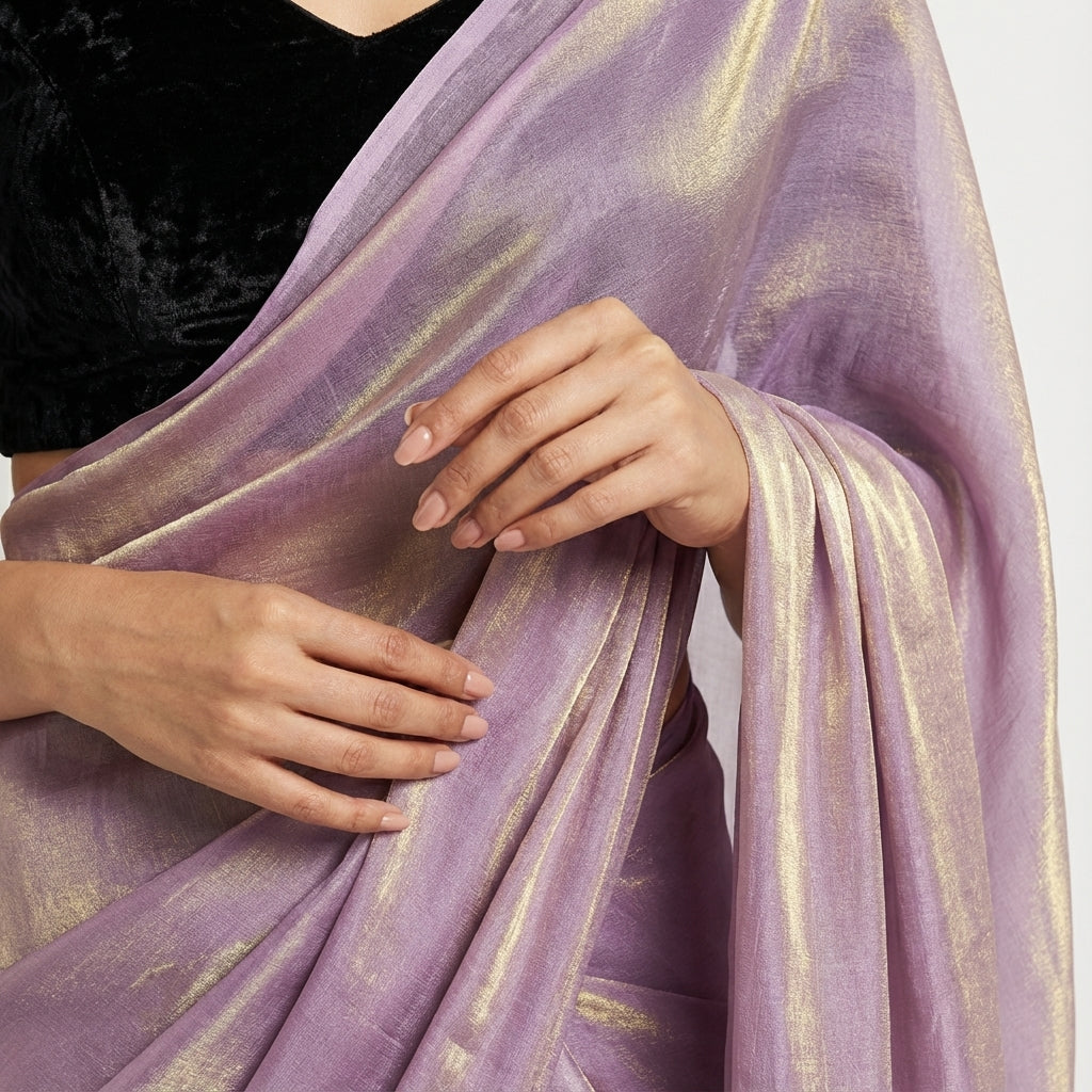 Graceful orchid purple fandy saree paired with velvet blouse fabric