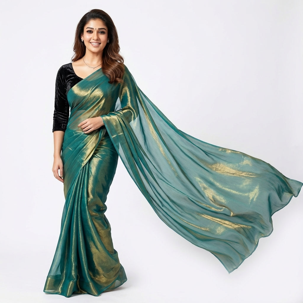 Elegant teal blue fandy saree highlighted with velvet contrast blouse