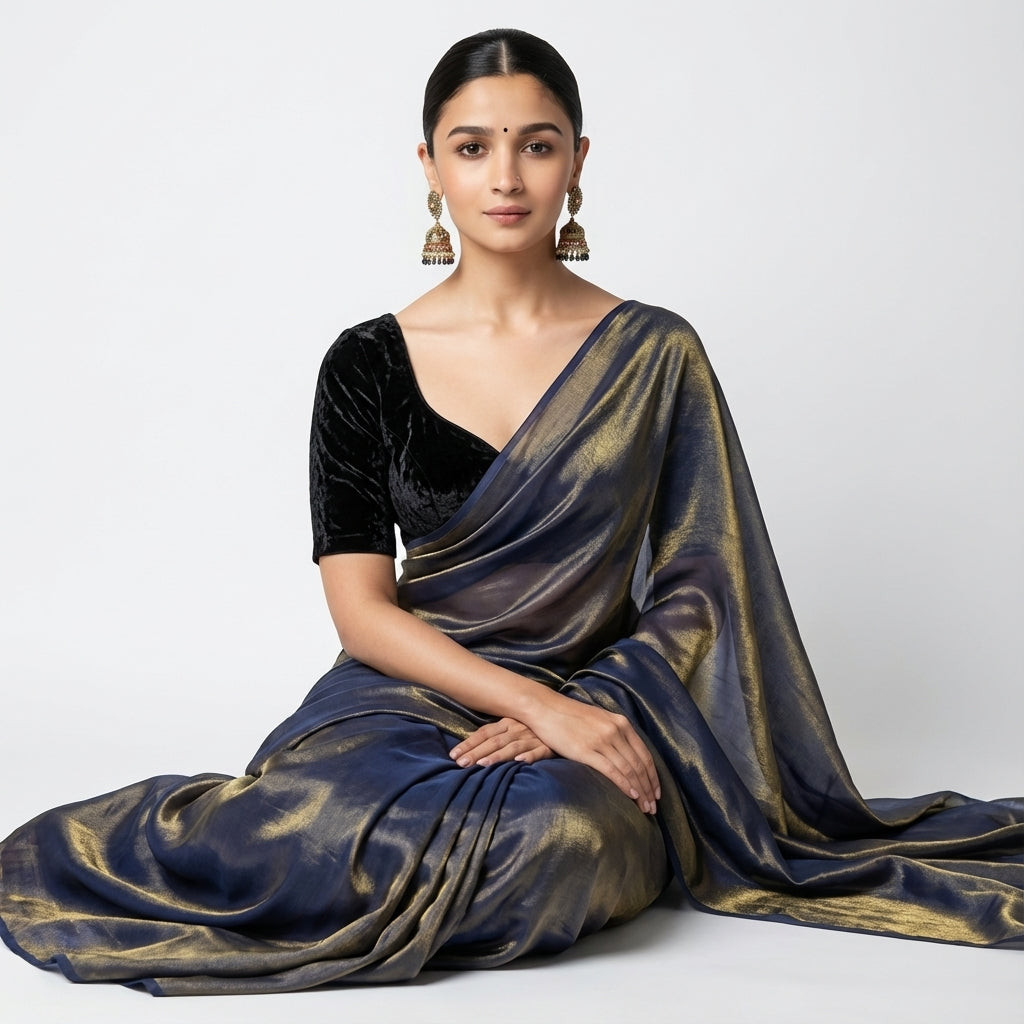 Dusty purple fandy saree styled with velvet blouse for elegant ethnic look