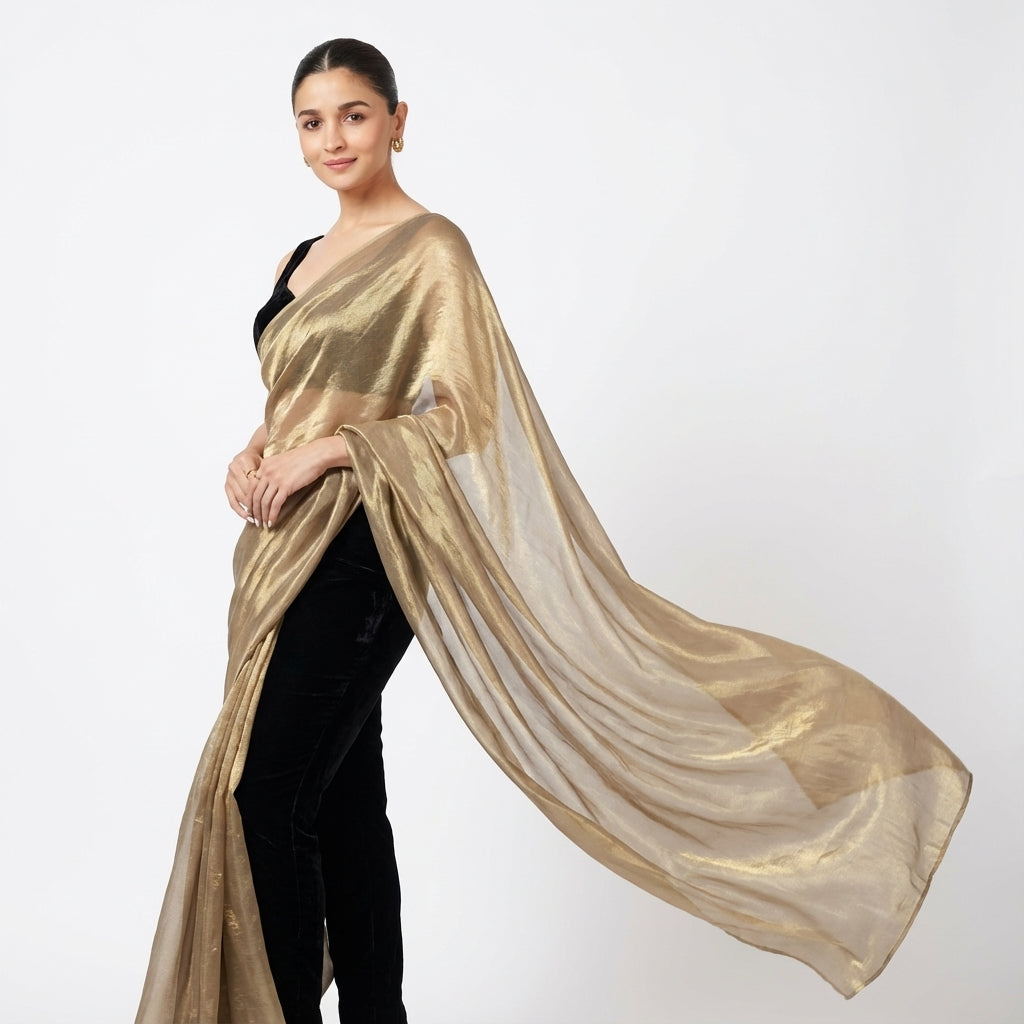 Golden fandy saree paired with velvet blouse for festive ethnic styling
