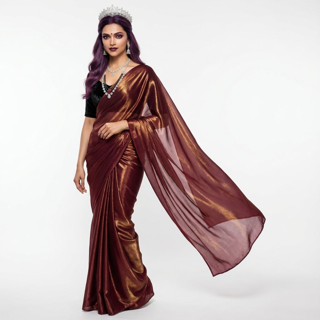 Classic maroon fandy saree styled with rich velvet blouse fabric