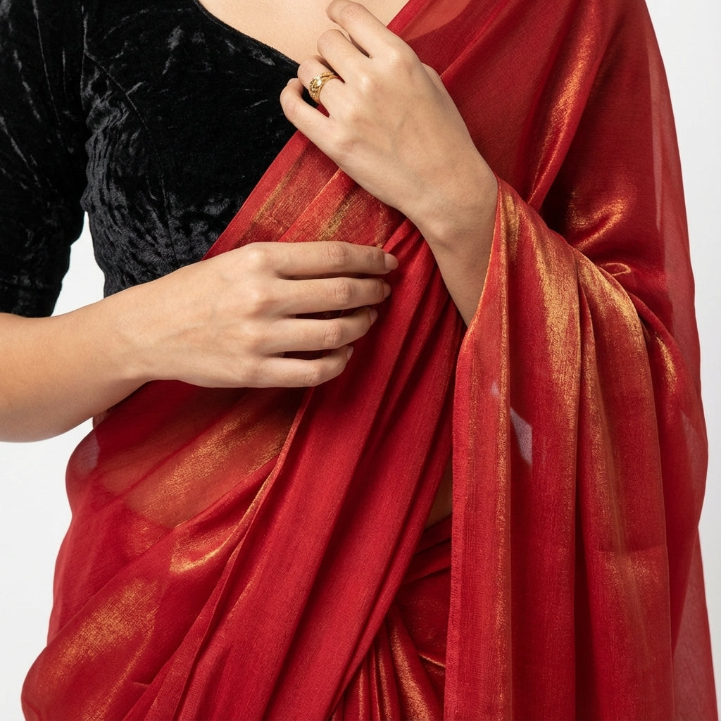 Bold red fandy saree paired with rich velvet blouse fabric