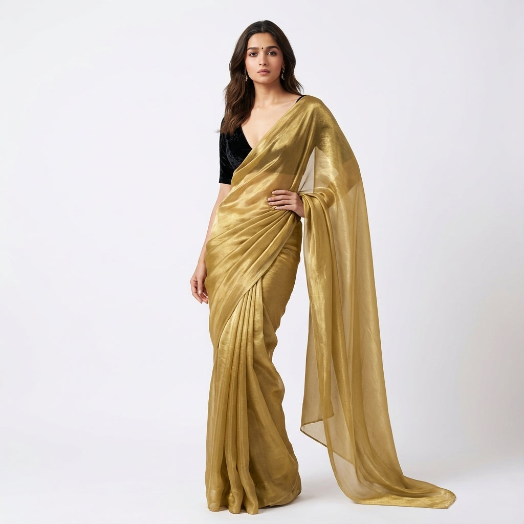 Bronze gold fandy saree paired with velvet blouse for festive ethnic styling