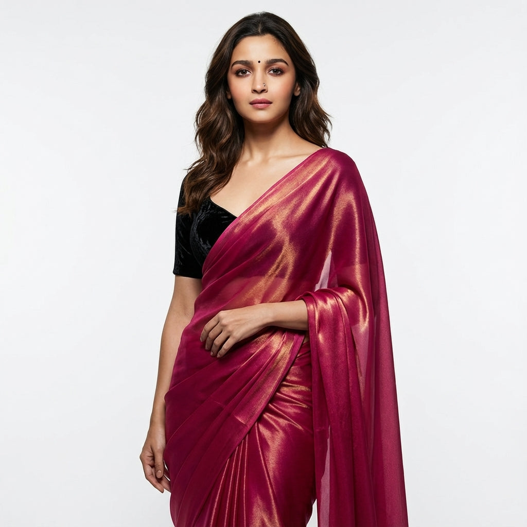 Dark magenta pink fandy saree paired with velvet blouse for festive styling