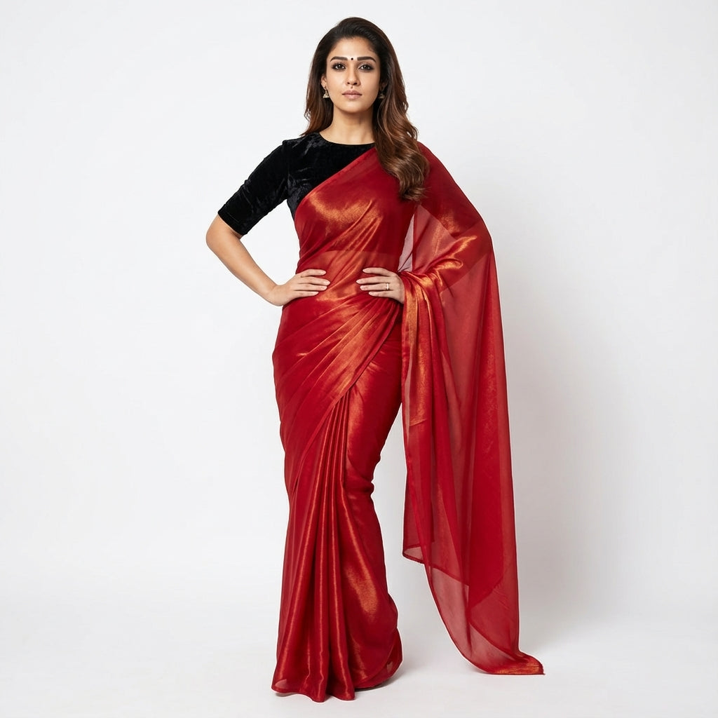 Bold red fandy saree paired with rich velvet blouse fabric