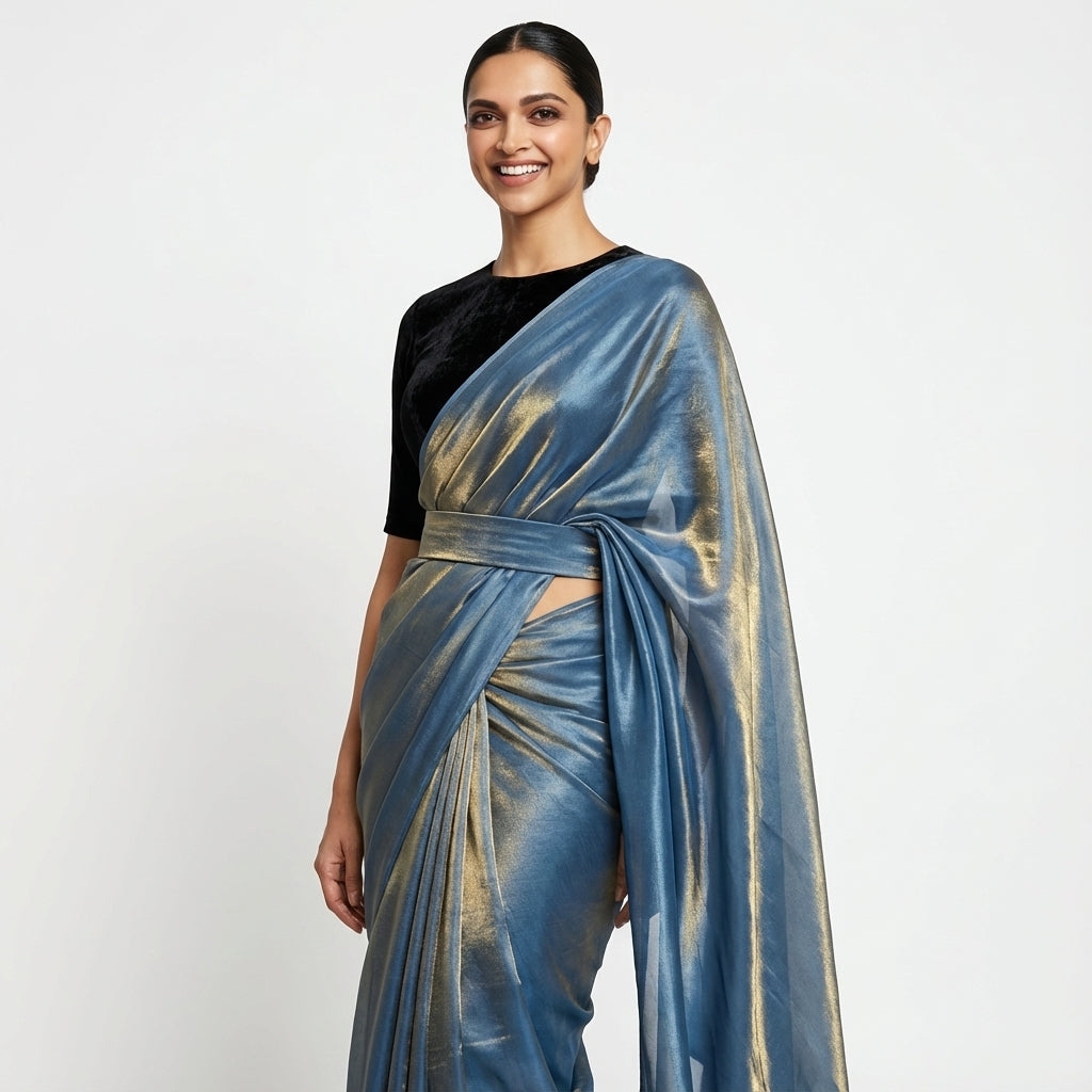 Deep navy blue fandy saree paired with velvet blouse for elegant ethnic styling