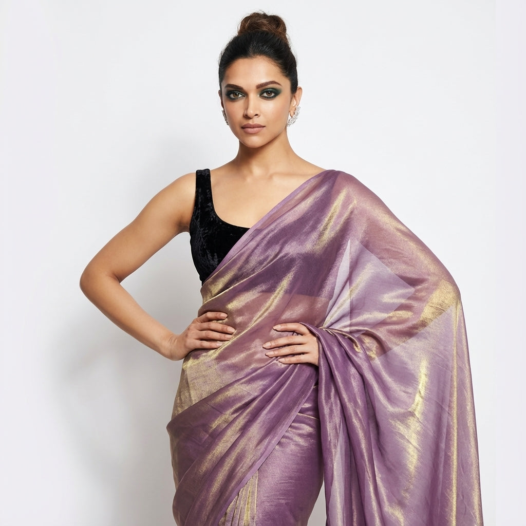 Graceful orchid purple fandy saree paired with velvet blouse fabric