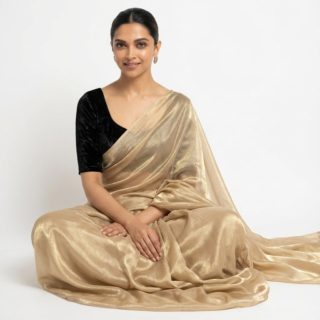 Classic cream fandy saree styled with velvet blouse contrast