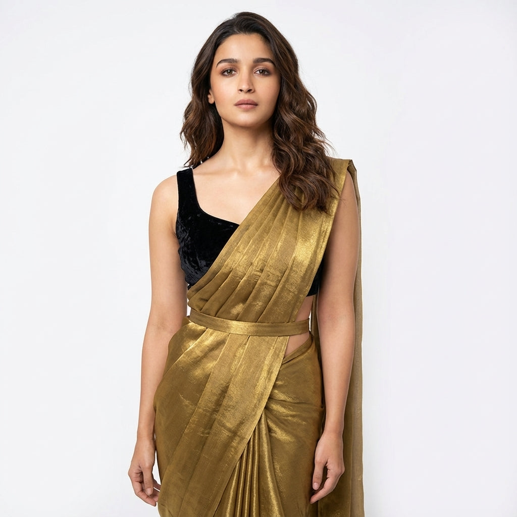 Antique wine fandy saree styled with velvet blouse for vintage ethnic look