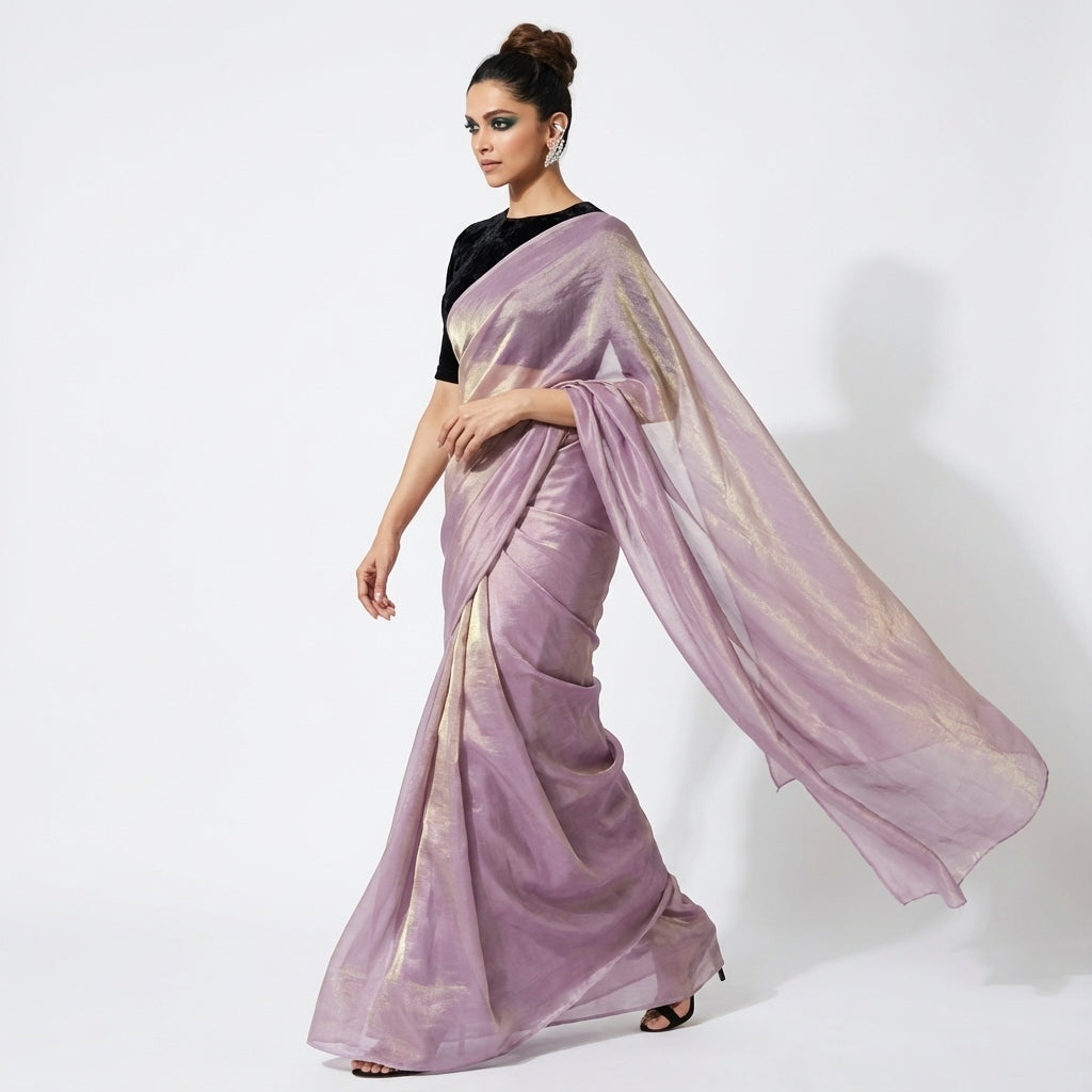 Graceful orchid purple fandy saree paired with velvet blouse fabric