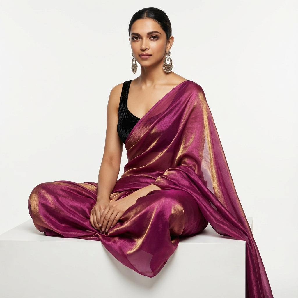 Deep wine fandy saree styled with velvet blouse for rich ethnic look
