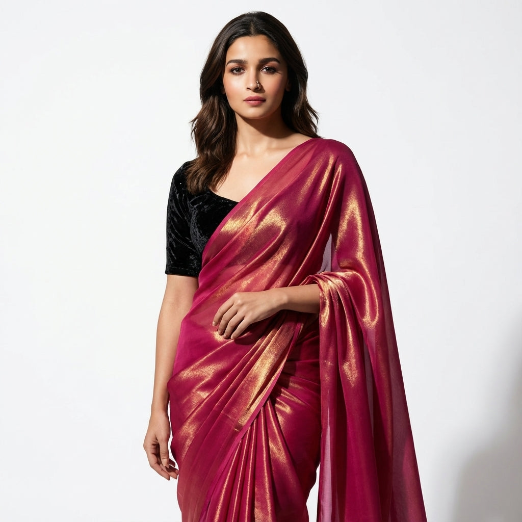 Dark magenta pink fandy saree paired with velvet blouse for festive styling