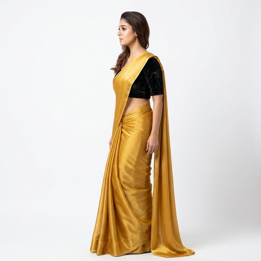 Bright yellow fandy saree styled with velvet blouse for festive look