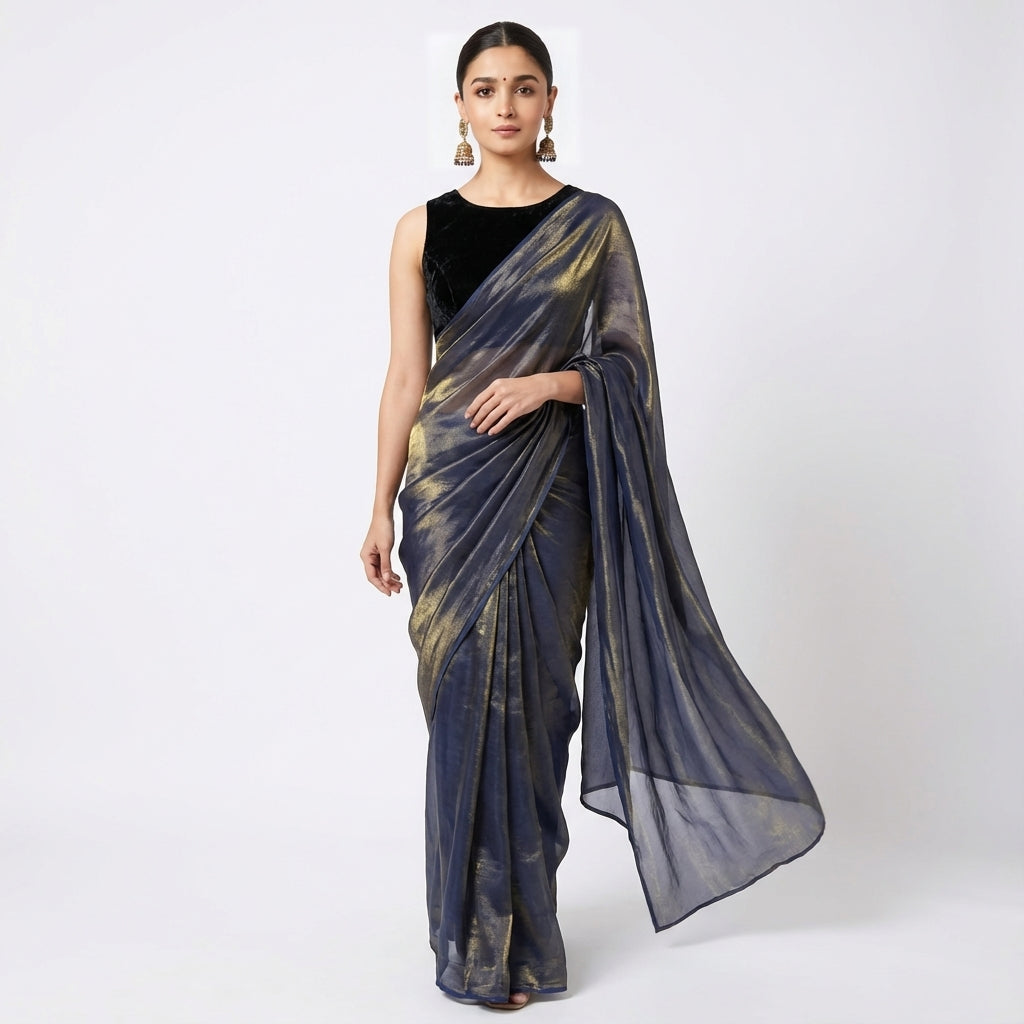 Dusty purple fandy saree styled with velvet blouse for elegant ethnic look