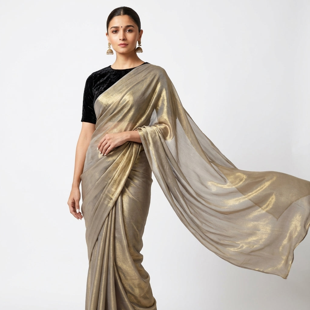 Golden fandy saree paired with velvet blouse for festive ethnic styling