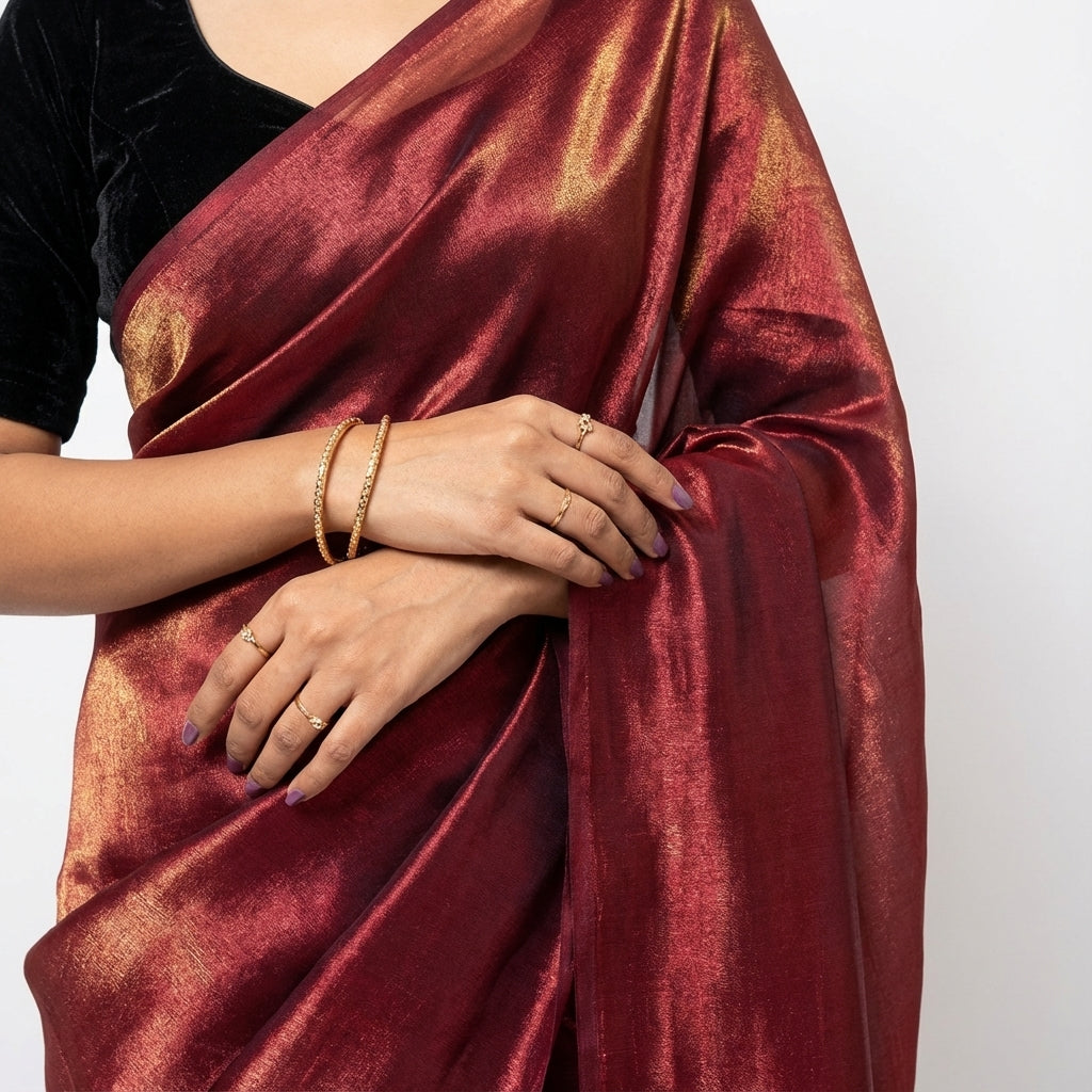 Classic maroon fandy saree styled with rich velvet blouse fabric