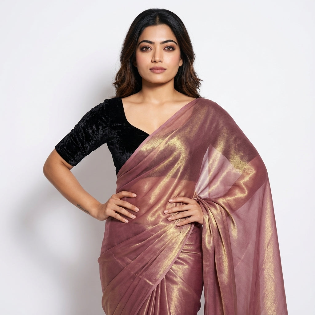 Deep rosewood brown fandy saree with velvet blouse contrast look
