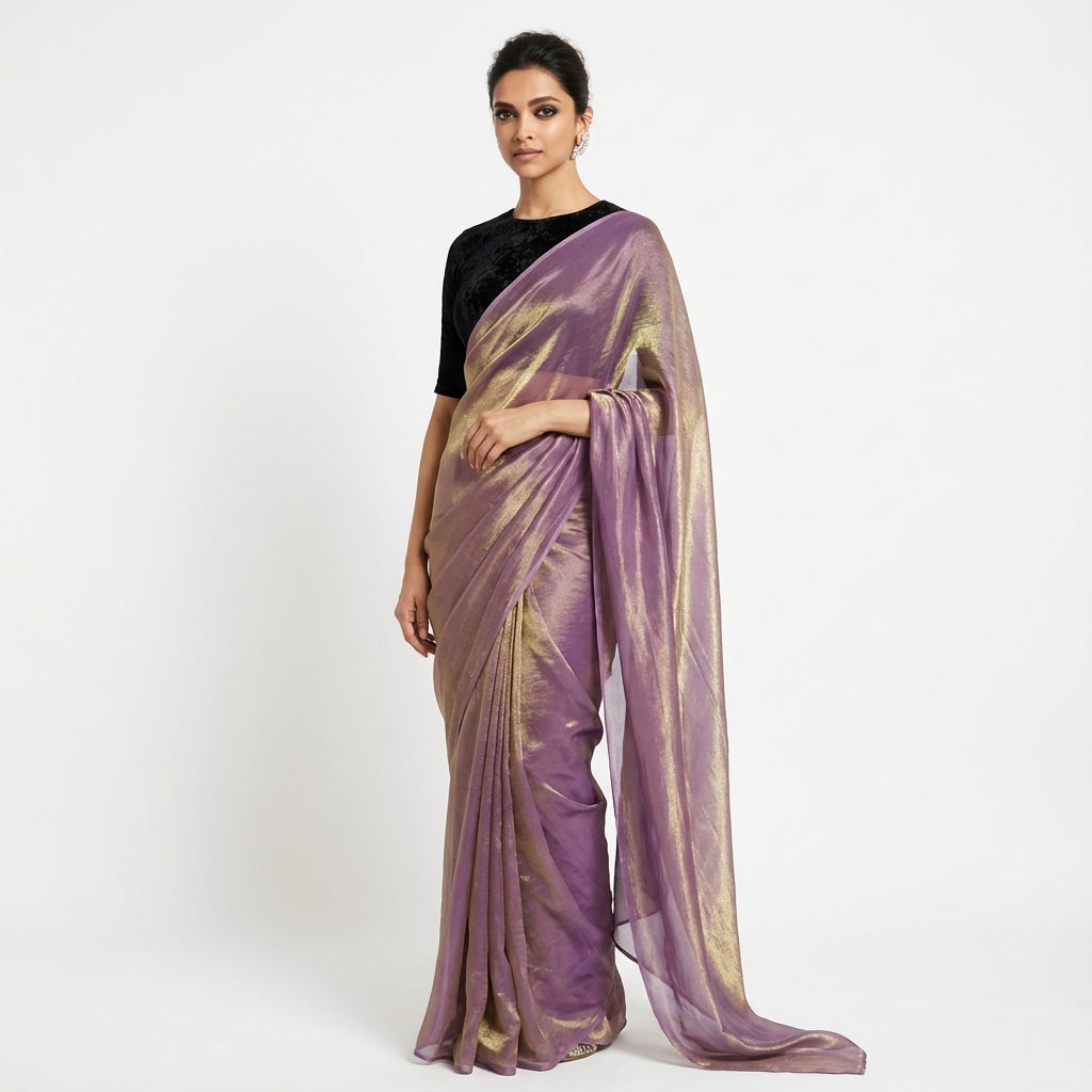Graceful orchid purple fandy saree paired with velvet blouse fabric