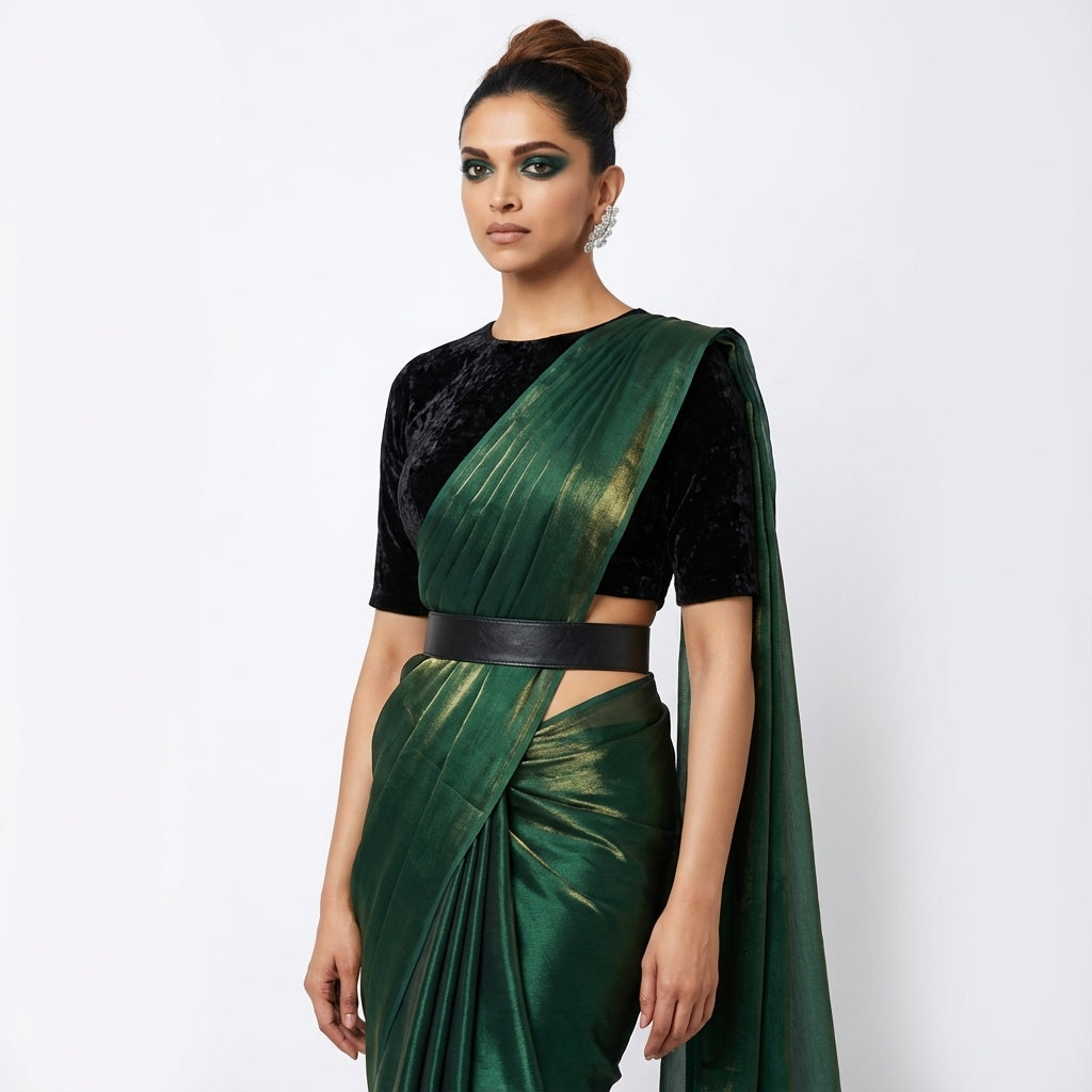 Bottle green fandy saree paired with velvet blouse for royal ethnic look