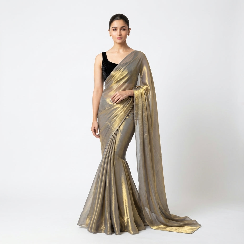 Golden fandy saree paired with velvet blouse for festive ethnic styling