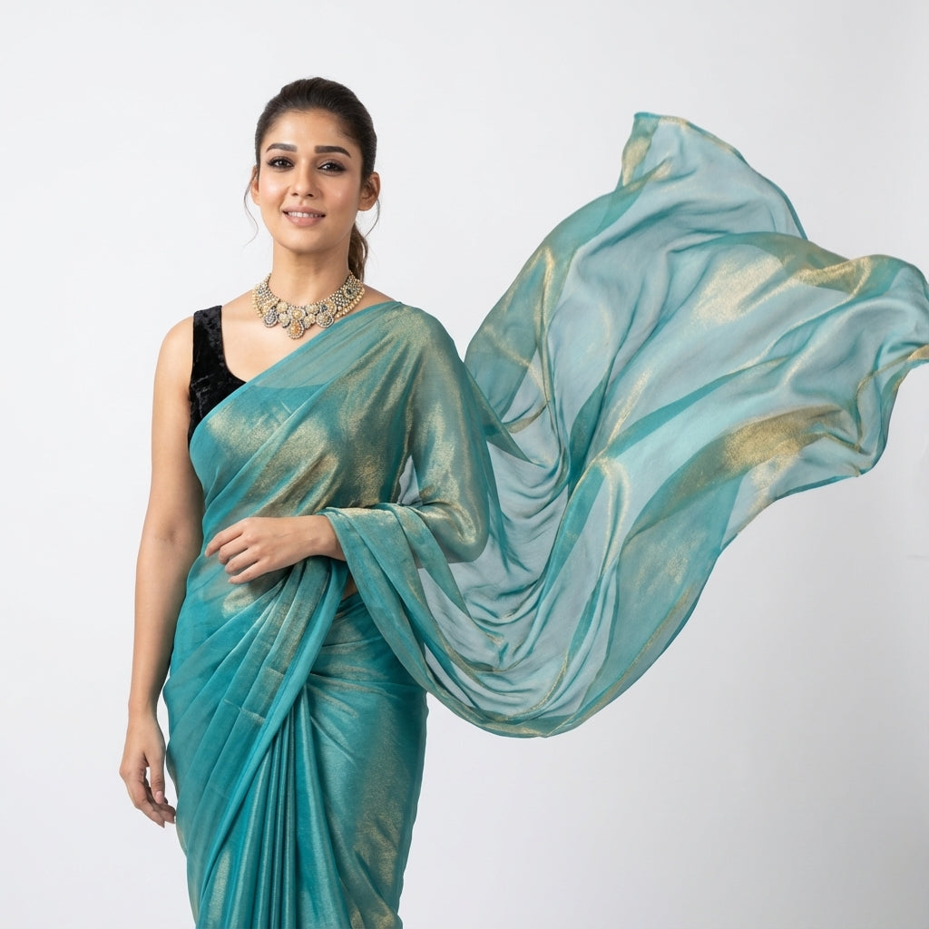 Deep teal fandy saree styled with velvet blouse for elegant ethnic look