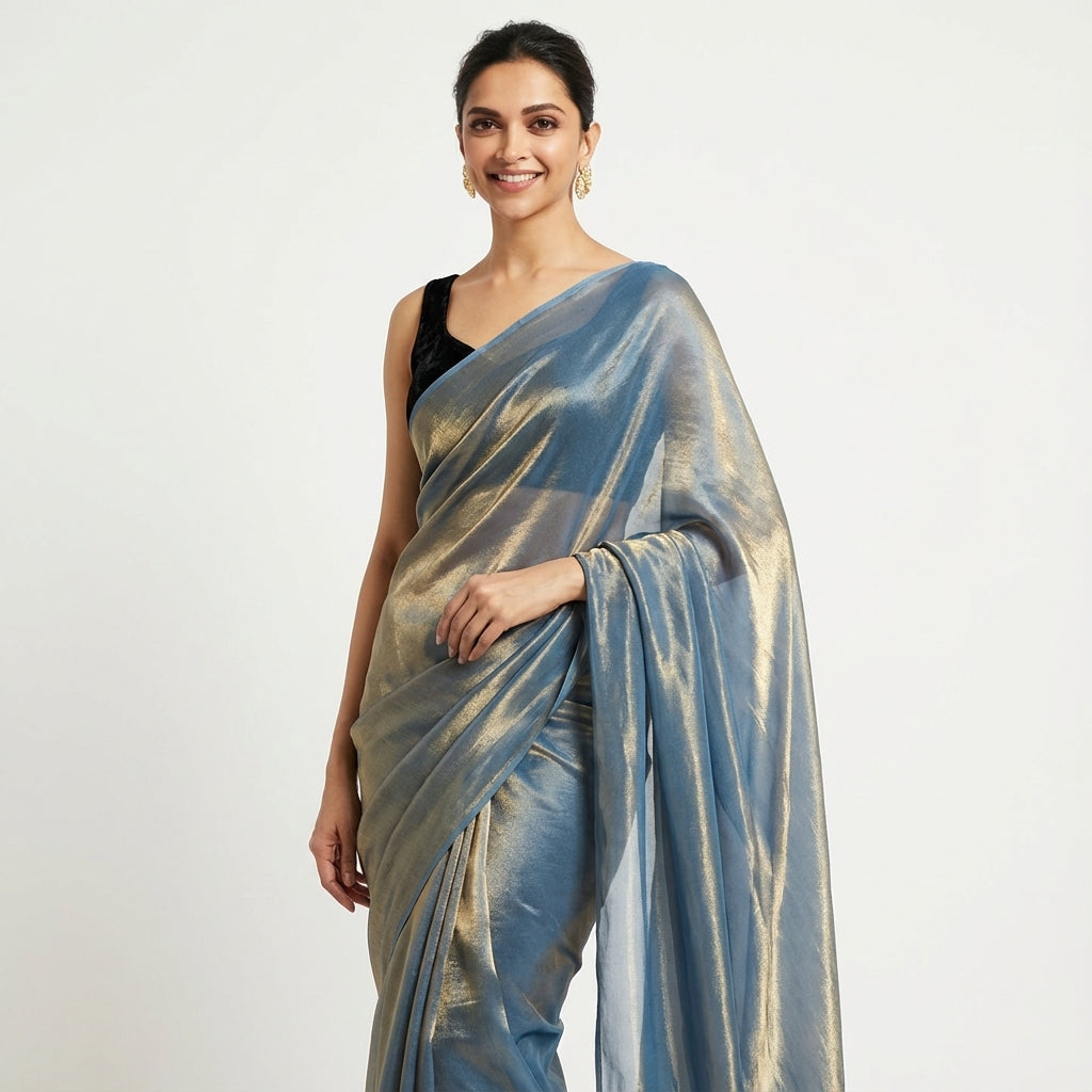 Deep navy blue fandy saree paired with velvet blouse for elegant ethnic styling