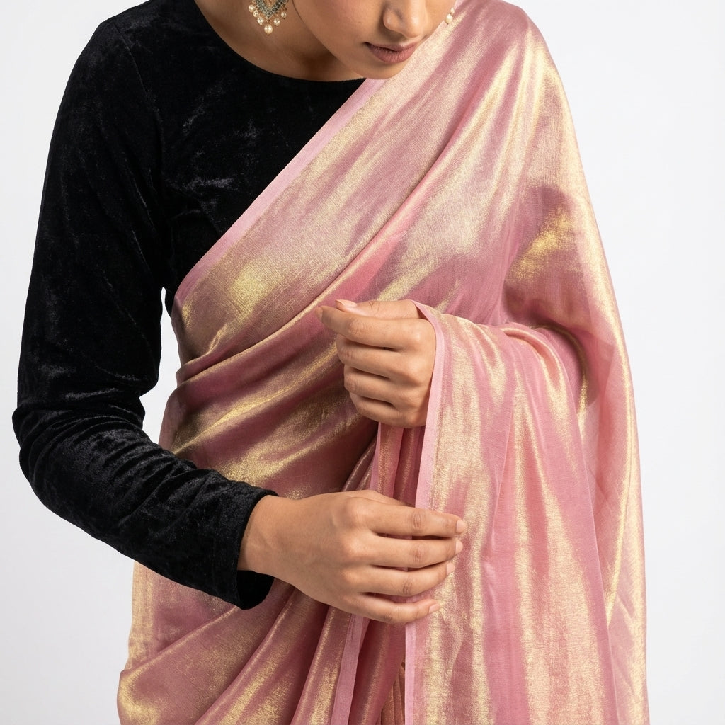 Deep rosewood brown fandy saree with velvet blouse contrast look