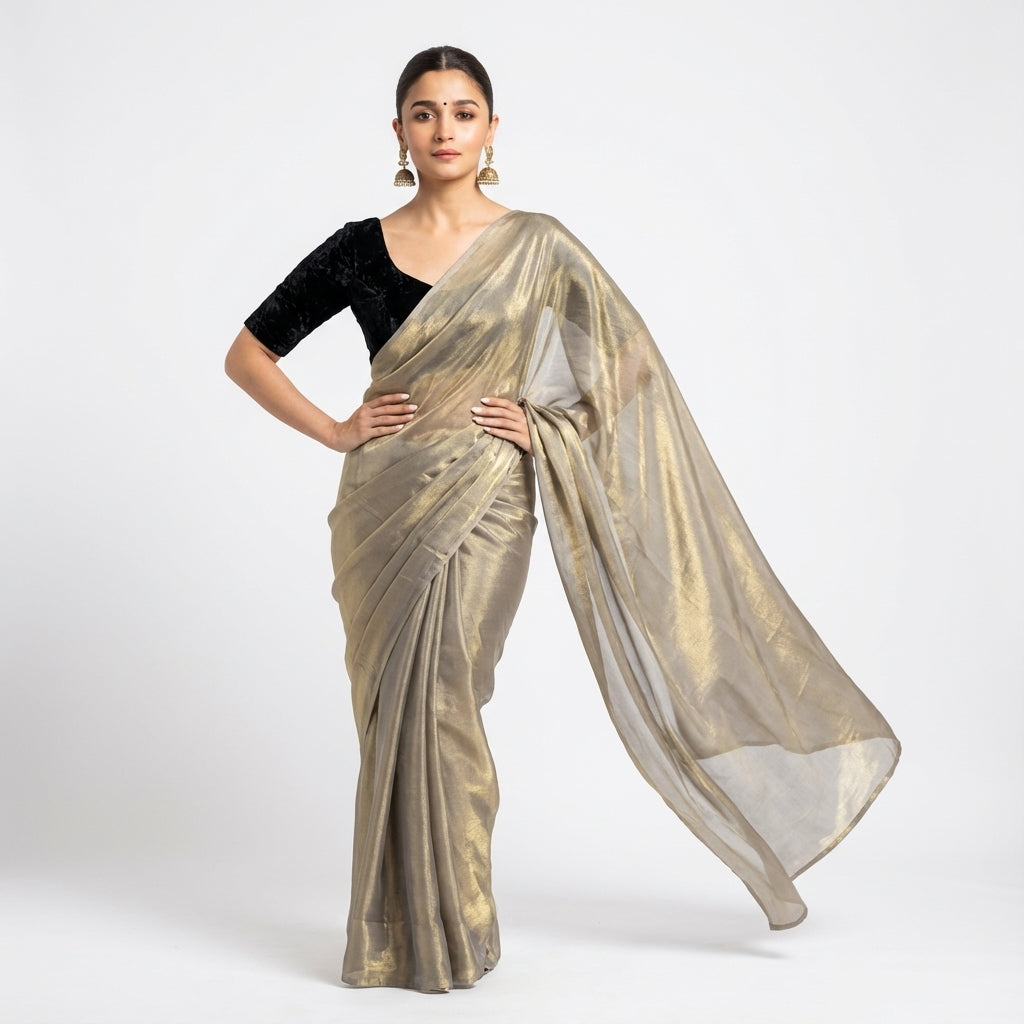 Golden fandy saree paired with velvet blouse for festive ethnic styling