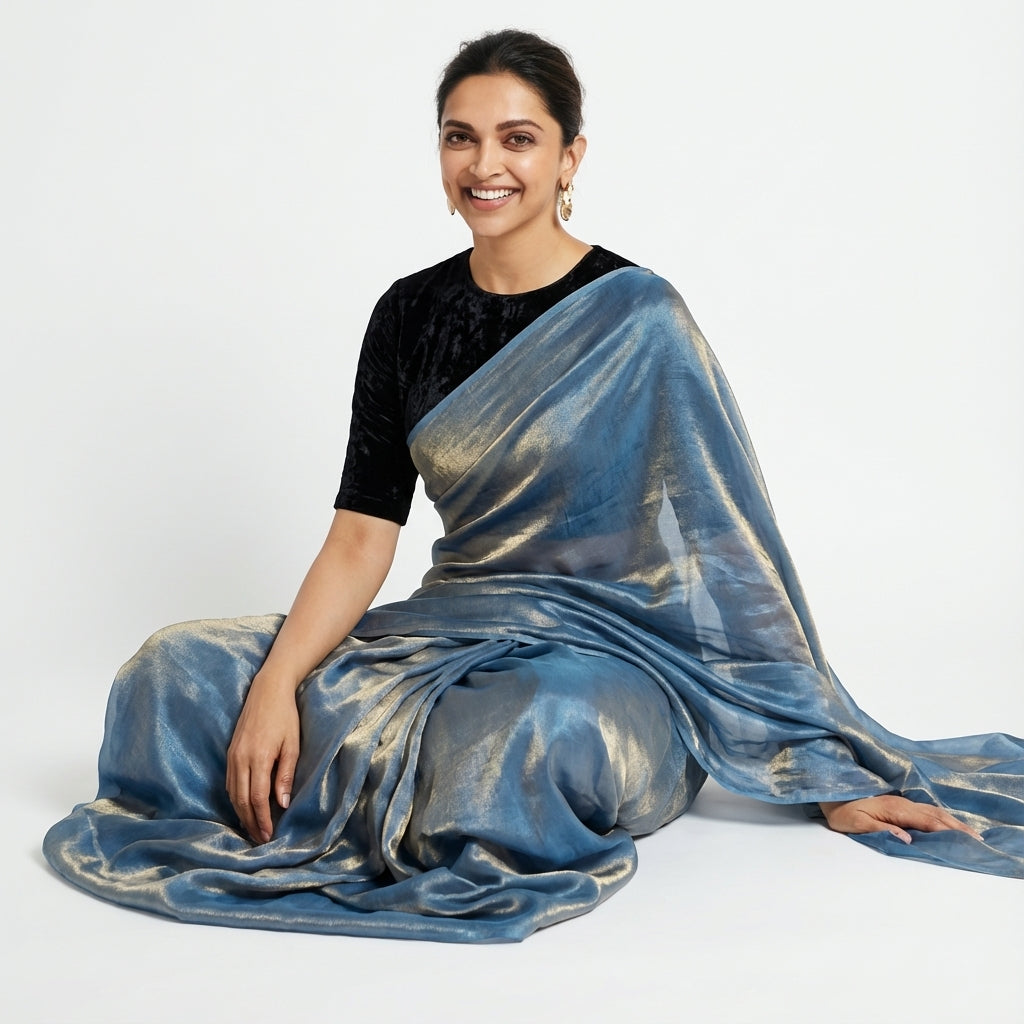 Deep navy blue fandy saree paired with velvet blouse for elegant ethnic styling