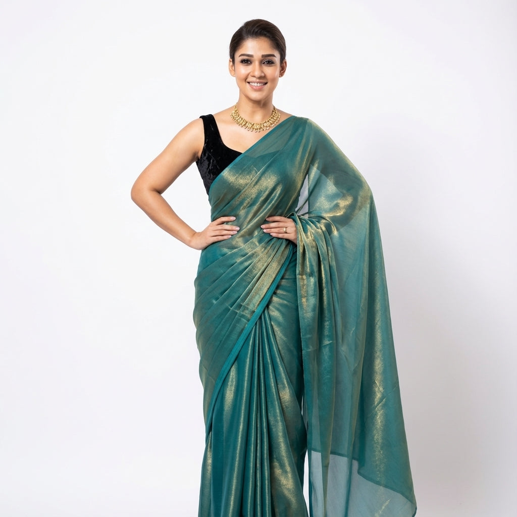 Deep teal fandy saree styled with velvet blouse for elegant ethnic look