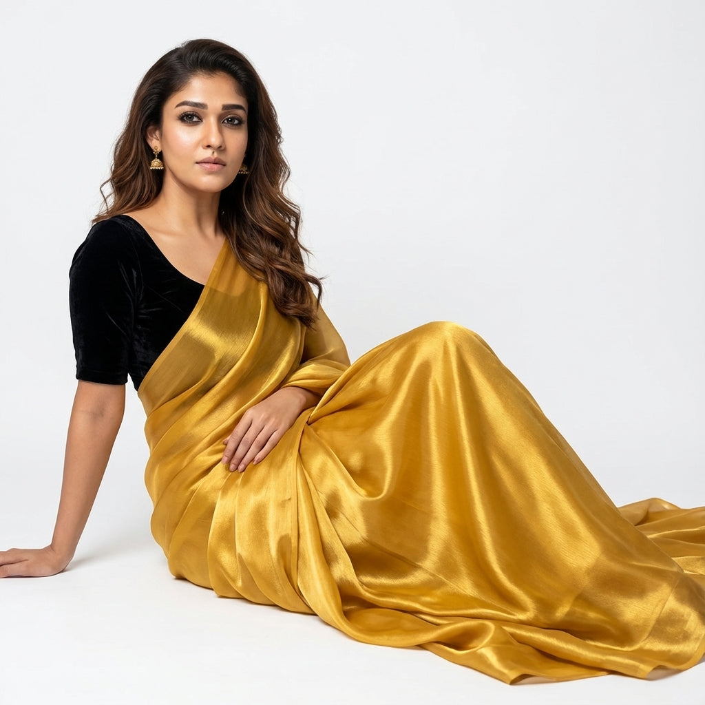 Bright yellow fandy saree styled with velvet blouse for festive look