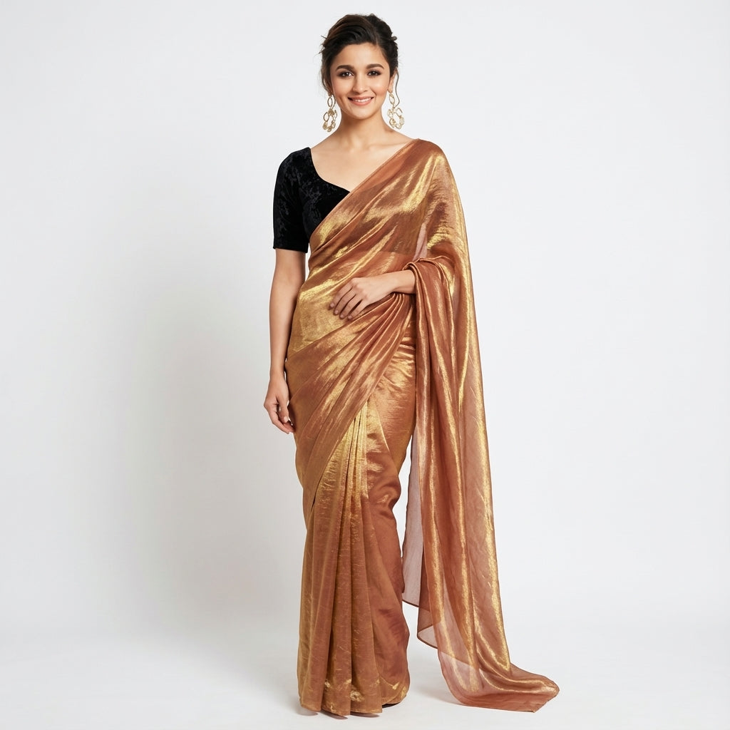 Rust brown fandy saree styled with velvet blouse for earthy ethnic look