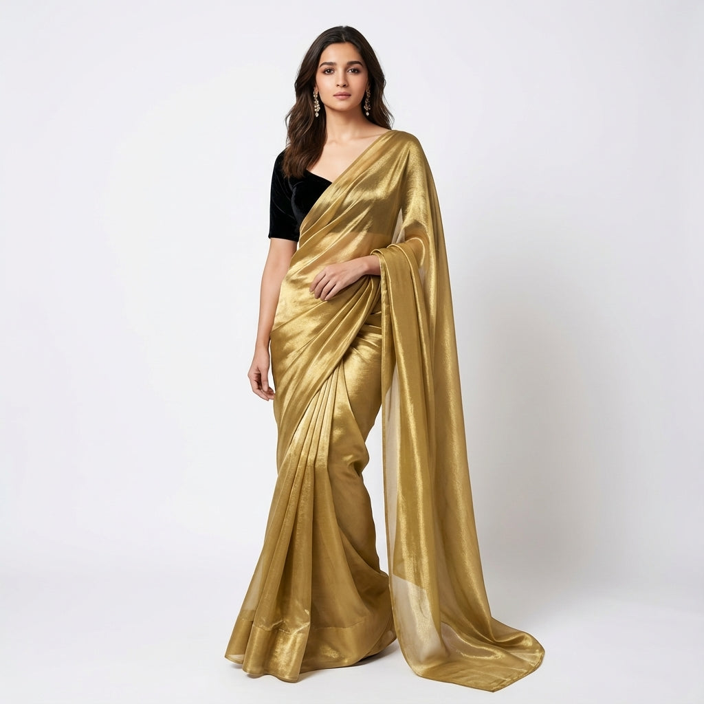 Bronze gold fandy saree paired with velvet blouse for festive ethnic styling